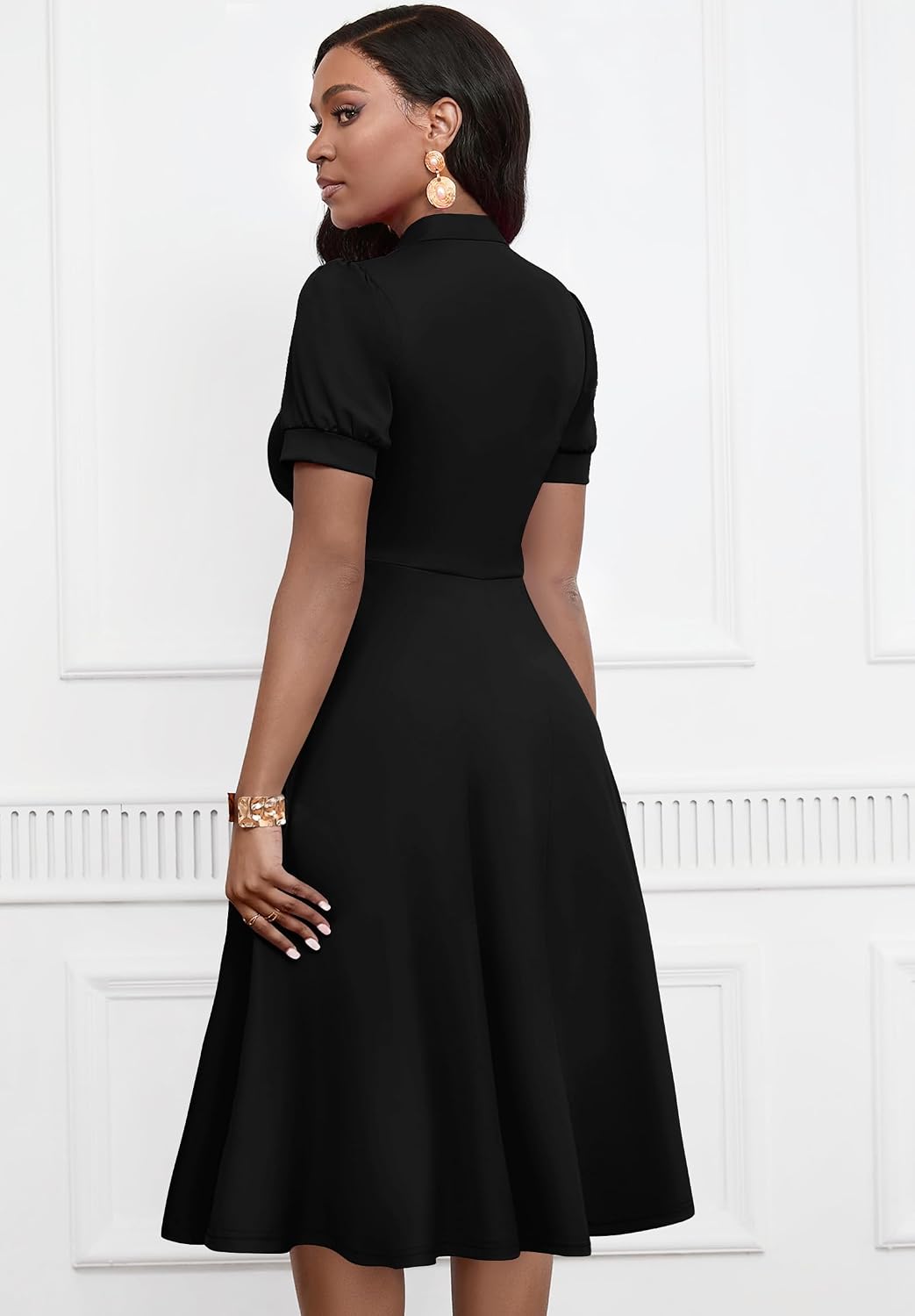 MarryUP Womens Short Puff Sleeve V Neck Casual Semi-Formal Cocktail Party A-Line Dress image 2