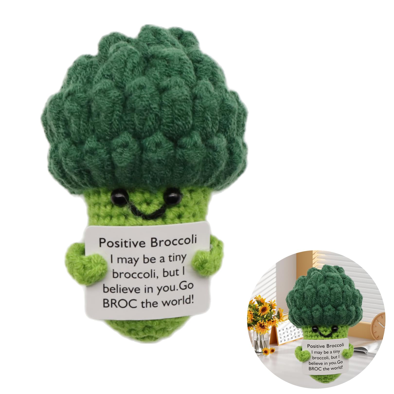 JOZMMZEOOA Peluche Brocoli Positif – Mini Poupée Tricotée Main, Carte Motivante, Cadeau Réconfortant