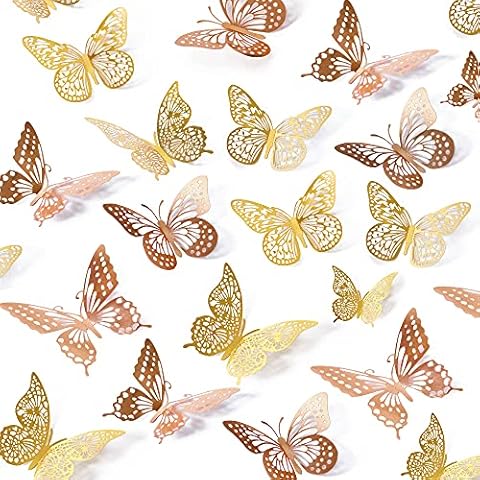 3D Butterfly Wall Stickers, 48 Pcs 4 Styles 2 Color 3 Sizes, Removable Metallic Wall Sticker Room Mural Decals Decoration for Kids Bedroom Nursery Classroom Party Wedding Decor DIY Gift (2 Color) Cover