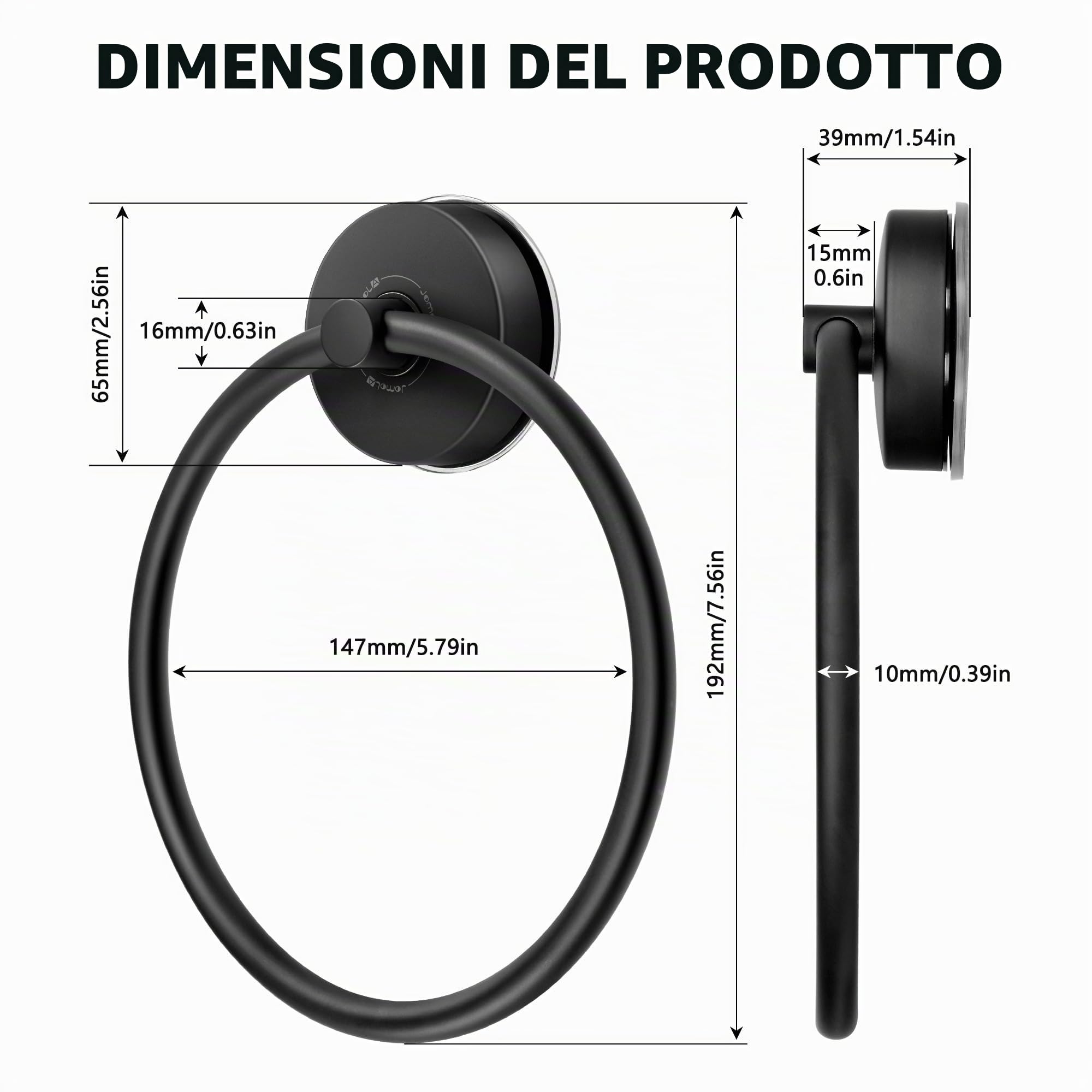 JOMOLA Anello Portasciugamani Nero Porta Asciugamani Ventosa Bagno Forte Anelli Portasciugamani Acciaio inossidabile Porta Asciugamani ad Anello da Parete Finitura Spazzolata 2 Pezzi