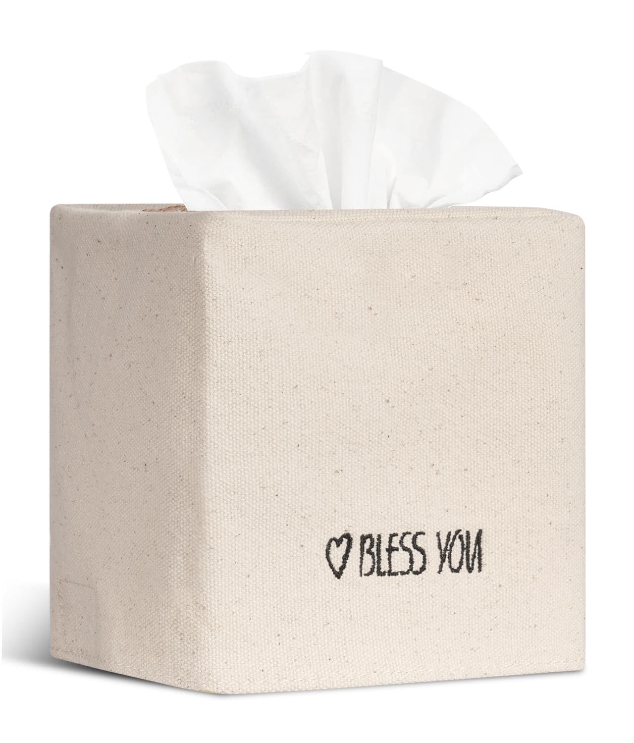 Livelab Tissue Box Cover Square Chic Canvas Tissue Box Holder with Embroidery Text Decor Stylish Tissue Case Facial