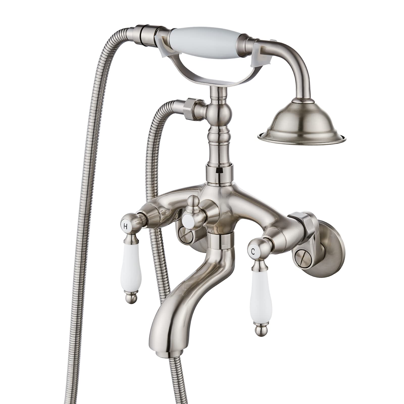 Brushed Nickel Clawfoot Tub Faucet Wall Mount with Hand Held Shower Sprayer Bathtub Faucet Set Double Level Handle 6 Inch Center with Adapter ...