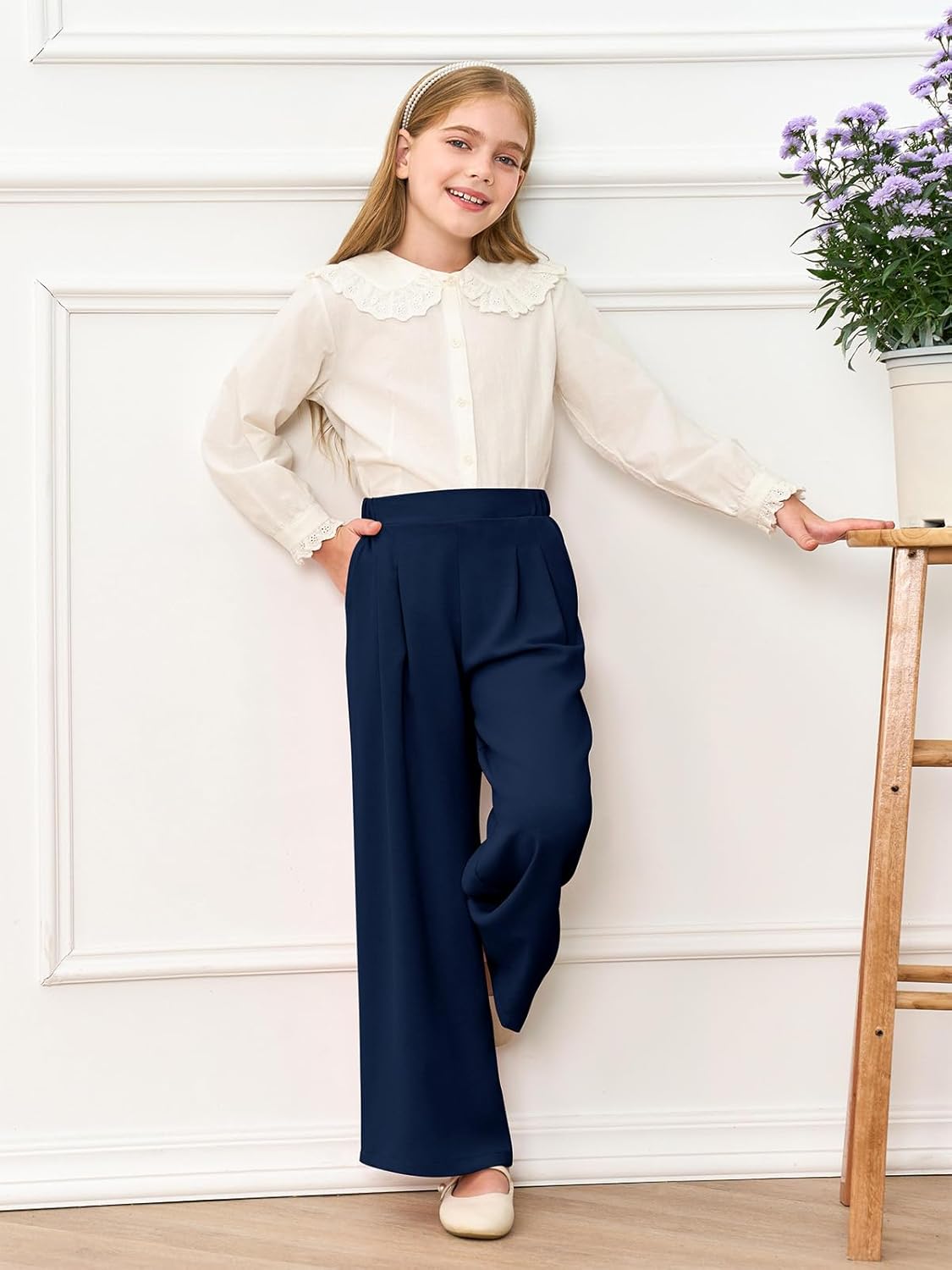 Haloumoning Girls High Waisted Uniform Pants Kids Wide Leg Dress Pants Casual Trousers with Pockets 5-14 Years - Image 6