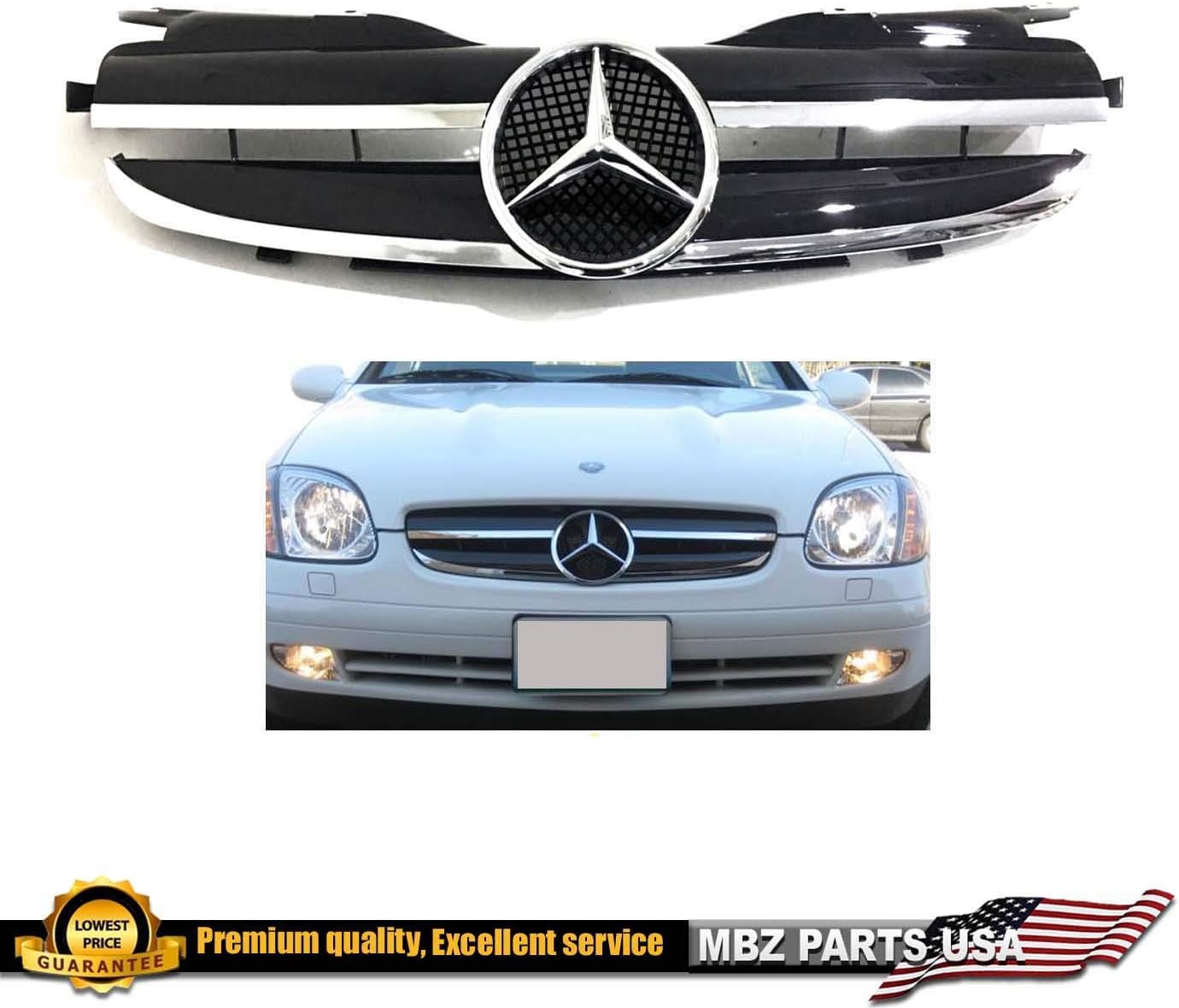 MERCEDES BENZ SLK 97-04 GLOSS BLACK GRILLE CHROME STAR EMBLEM 1997 1998 1999 2000 2001 2002 2003 2004 SLK430 SLK320 SLK55 R170 AMG STYLE #283