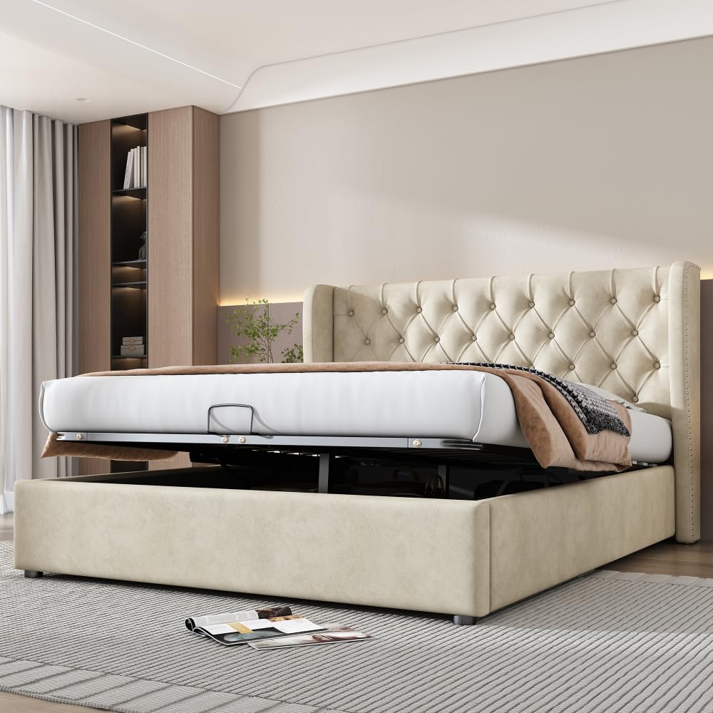 Lubvtti Cama acolchada de terciopelo con forma de oreja, cama de matrimonio con espacio de almacenamiento hidráulico, cama de matrimonio con somier de láminas (beige, 180 x 200)
