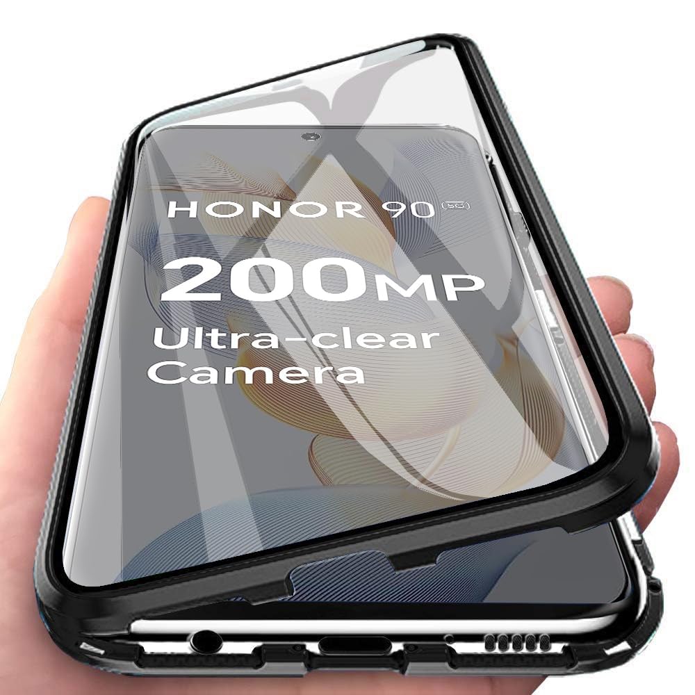 Colala Cover per Honor 90 Magnetica Adsorbimento Custodia Metallo Ultra Sottile 360 Gradi Full Body Anteriore e Posteriore ​Trasparente Vetro Temperato Protezione Cover - Nero
