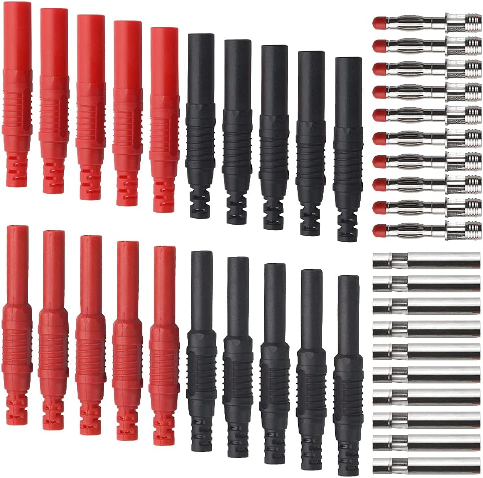 WMYCONGCONG Black/Red 10Pcs Insulated Safety Shrouded 4mm Banana Female Jack Connector + 10Pcs 4mm Banana Plug Connectors Wire Solder DIY Multimeter Test Leads