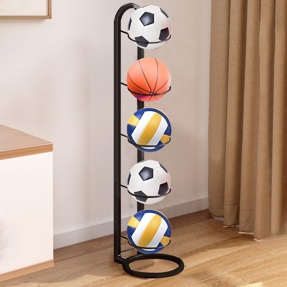 Rastrelliera da Basket Verticale 5 Livelli Porta Pallone Calcio in Metallo Scaffale Stoccaggio Sportivo - Nero