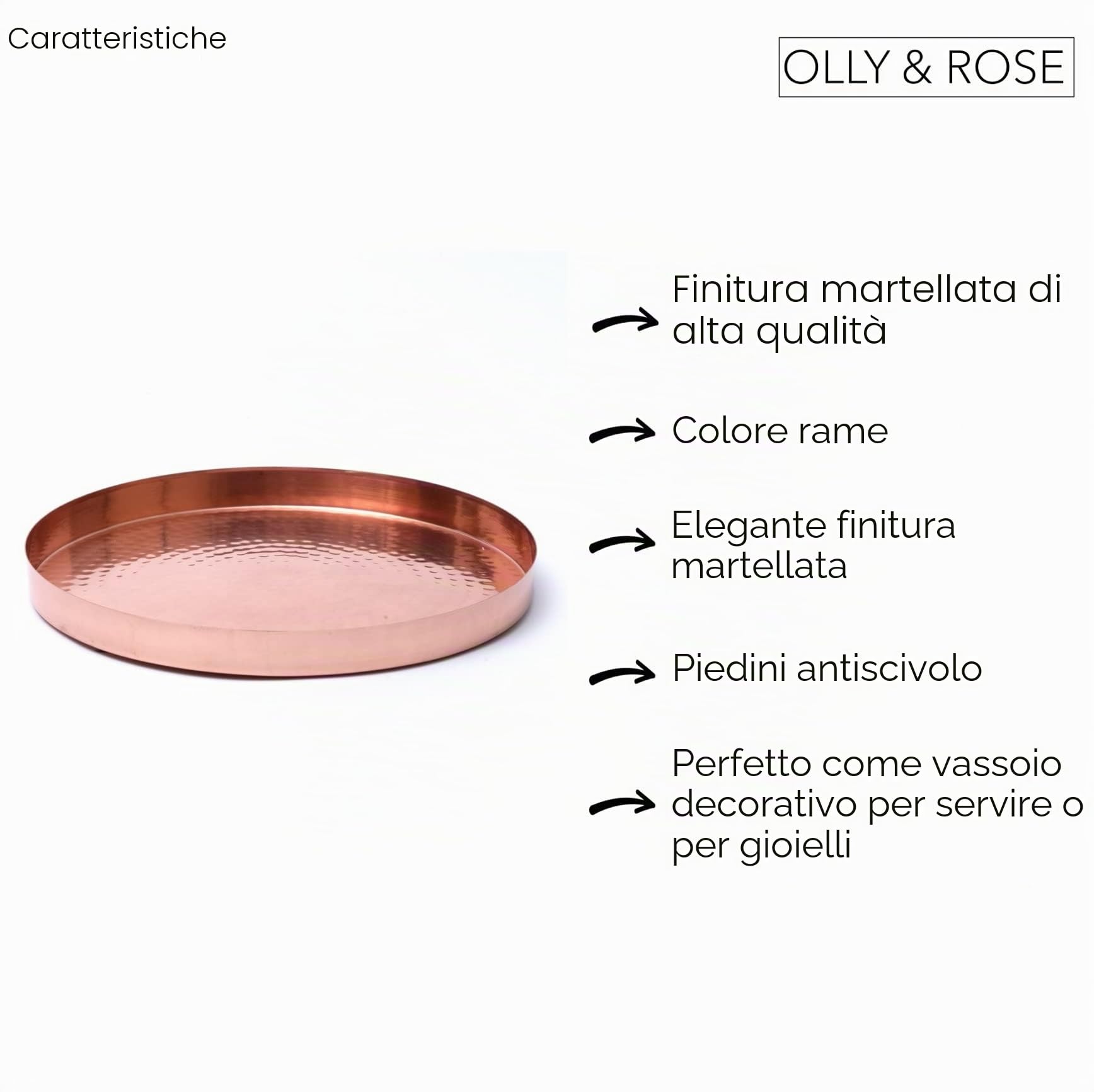 Vassoio decorativo in metallo di rame da 29 cm, superficie strutturata, decorazione per la casa in oro rosa, vassoio e piatto cosmetico per servire cosmetici, organizer per trucchi, gioielli, profumo