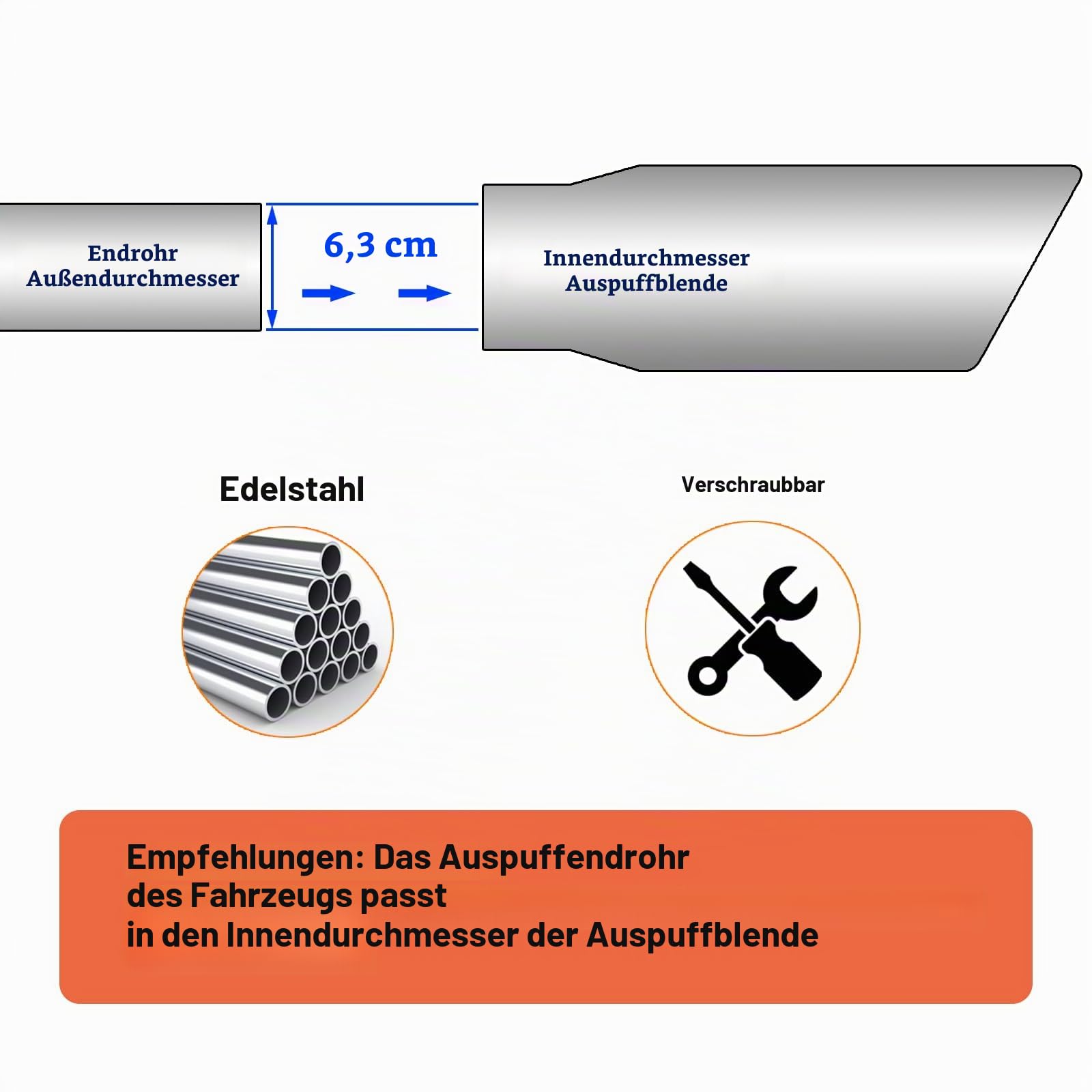 2,5" Auto Auspuff Endrohr Schalldämpfer Spitze für 63mm Einlass Auspuffrohr Edelstahl und Kohlefaser Endrohr Hinten Endschalldämpfer Auspuffendrohr Ende Kehle (Silber Schwarz, Stück, 1)