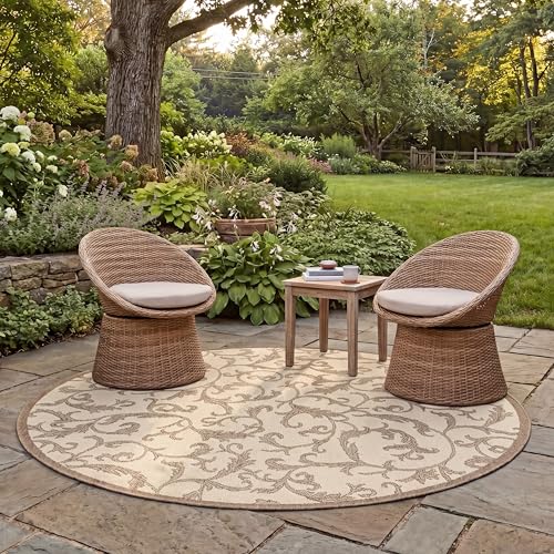 SAFAVIEH Washable Rug Outdoor Courtyard Collection - 5'3" Round, Natural & Brown, Non-Shedding & Easy Cleaning, Ideal for Patio, Backyard, Mudroom (CY2653-3001)