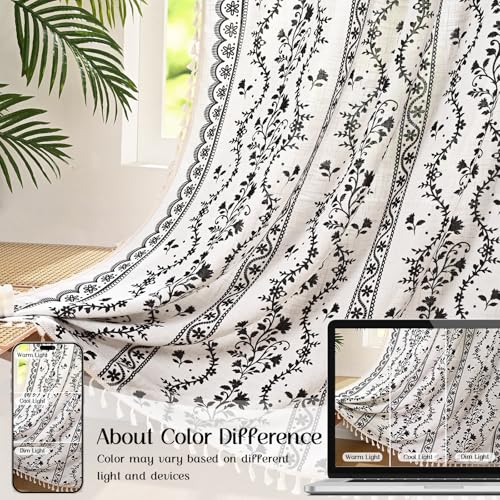 Image of Yinhua Boho Curtains for Living Room 84 Inch Length Vintage Linen Curtains for Bedroom Light Filtering Floral Window Curtain Rod Pocket & Back Tabs Rustic Tassel Drapes with Tiebacks, White Black