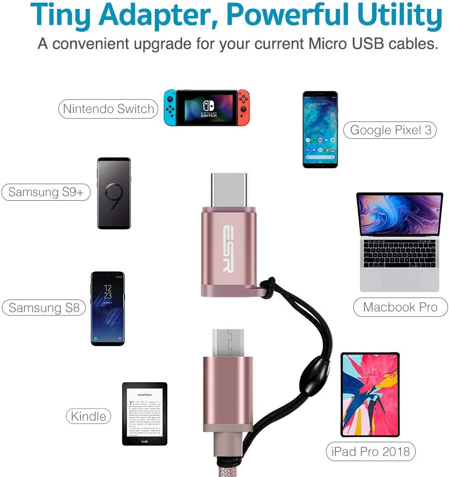 ESR USB C Adapter, Type C to Micro USB Aluminum Alloy with Keychain Strap for The MacBook, Pixel, Nexus Samgsung, S10, S10 Plus, S10e, S9, S9 Plus, S8, Note 9, LG, and Nintendo (2-Pack, Rose Gold)