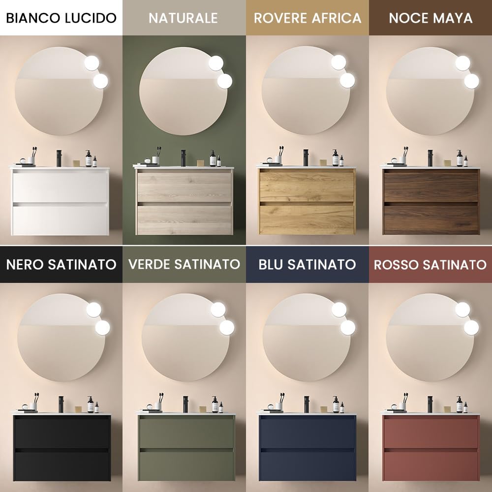 Mobile bagno sospeso 90 cm verde satinato con lavabo ad incasso in ceramica, 2 cassetti con chiusura soft-close, Linea GAYA