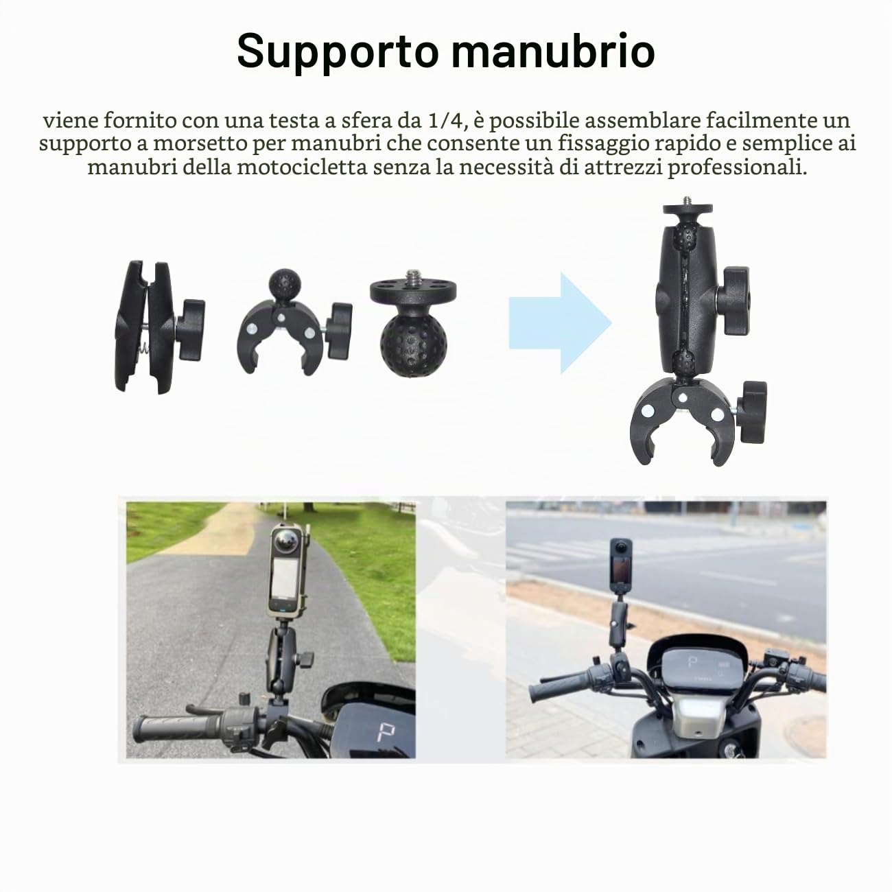 Supporto Action Cam per Moto, per Insta360 X5/X4/X3, Compatibile con GoPro Hero 13/12/11/10, Staffa Doppia, Regolabile, Nero