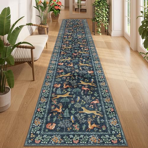 DUKINO 2x12 Washable Runner Rug, Non Slip Animal Rug for Kitchen Navy Blue