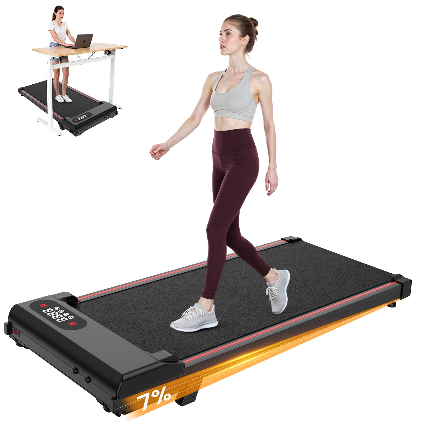 Dskeuzeew Walking Pad Treadmill with 7% Incline, 8KM/H Under Desk Portable Running Machine for Home Office, Compact Mini for Small Spaces, Installation-Free, Remote Control (Black) — image 1