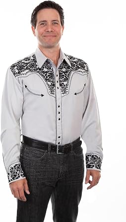 Scully Mens Floral Tool Embroidered Long Sleeve Western Shirt Steel X-Large
