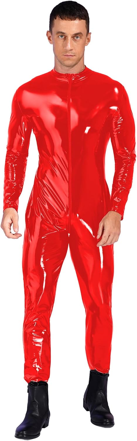 Jelory Mens Oil Shiny Leather Bodycon Bodysuit Stand Collar Wet Look One Piece Jumpsuit Party Clubwear Red 5X-Large