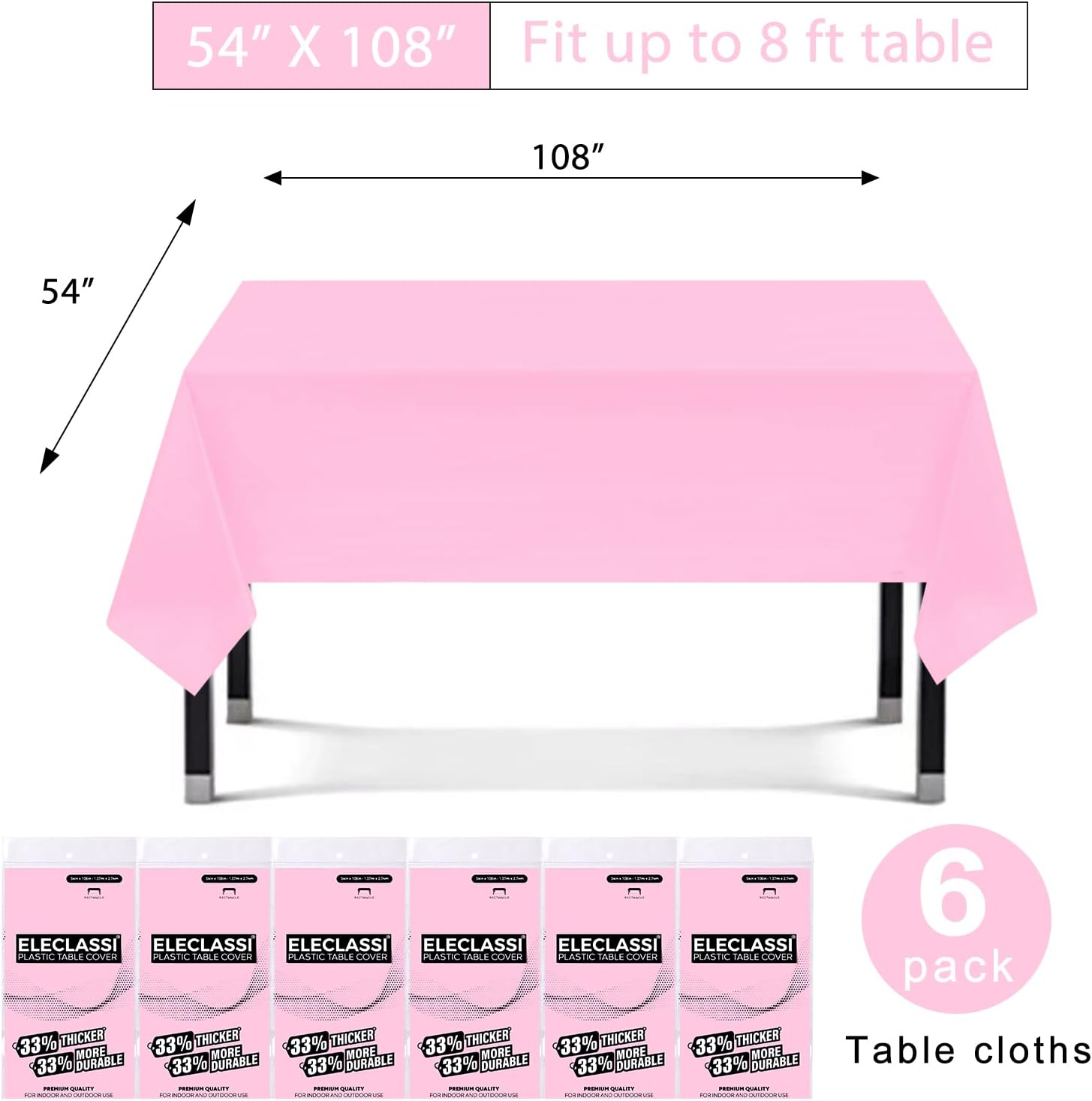 Eleclassi Pink 6 Pack Premium Disposable Plastic Tablecloth 54 x 108 in - Plastic Table Cloth Disposable for Rectangle Table up to 8 Feet - Pink Rectangle Tablecloth image 2