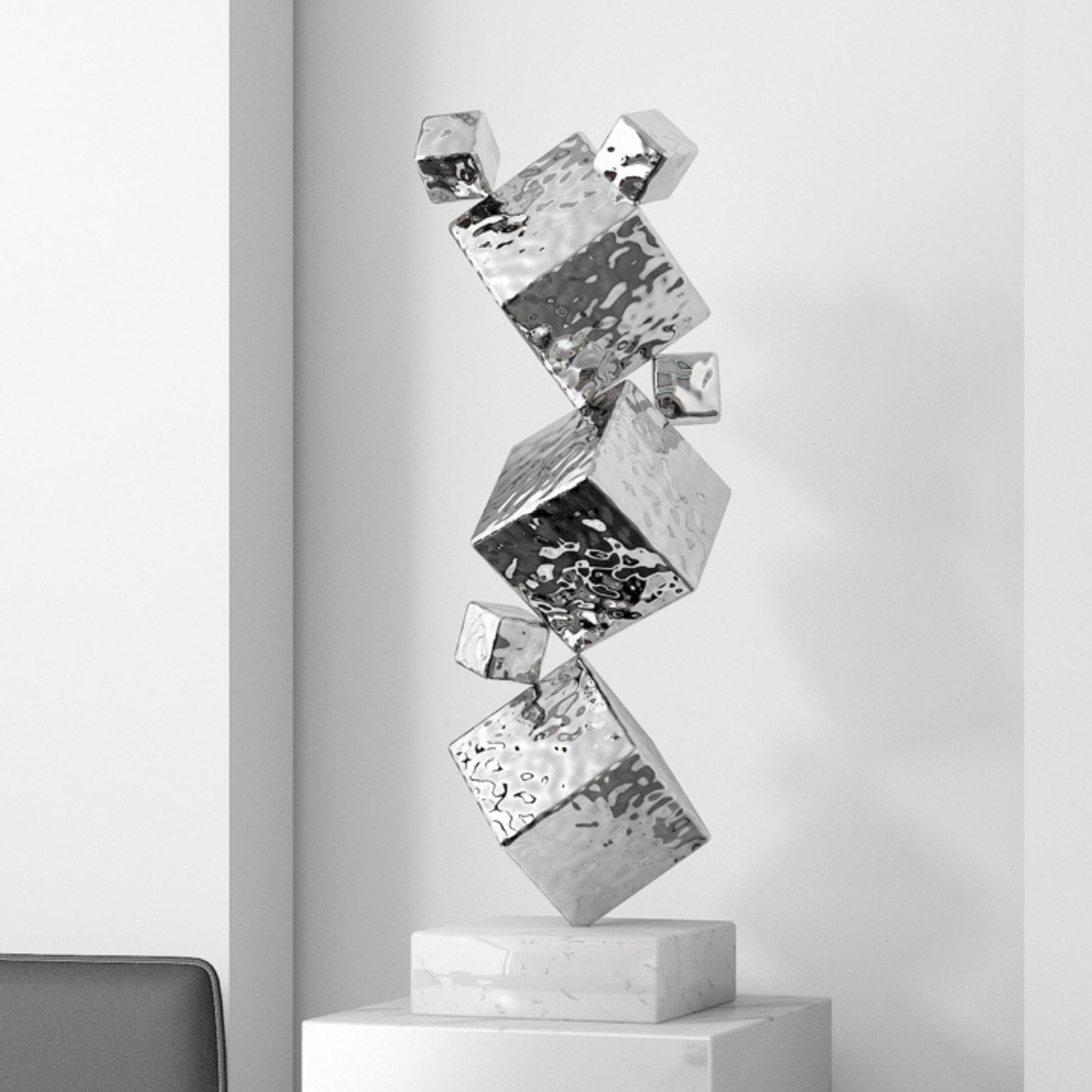 Aottsd 32.3" Ripple Texture Cube Sculpture 304 Stainless Steel Home Decor Ripple Surface Finish