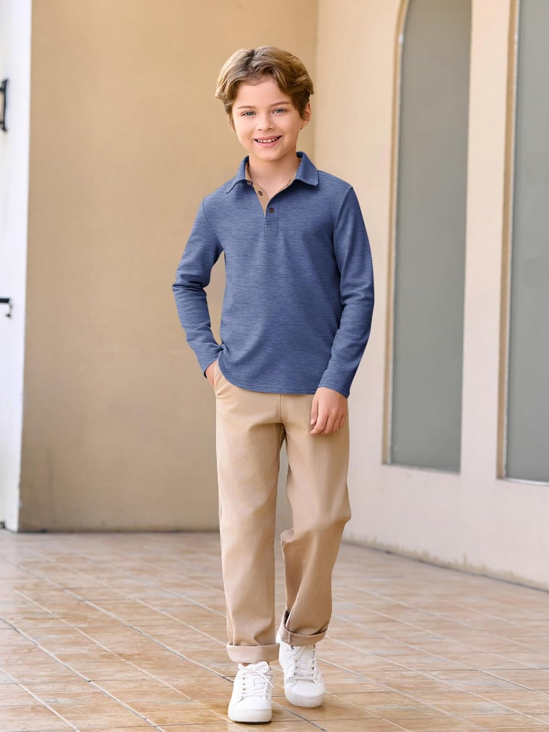 Haloumoning Boys Long Sleeve Polo Shirt Kids Casual Collared School Uniform Shirts 5-14 Years - Image 4