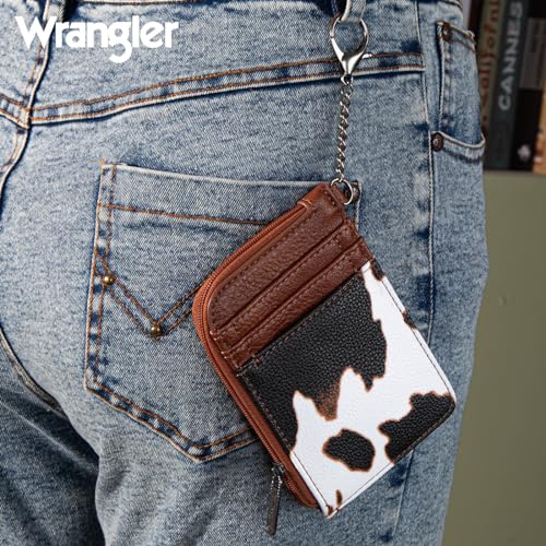 Image of Montana West Wrangler Cow Print Credit Card Holder Cute Keychain Wallet with A Zipper Pocket