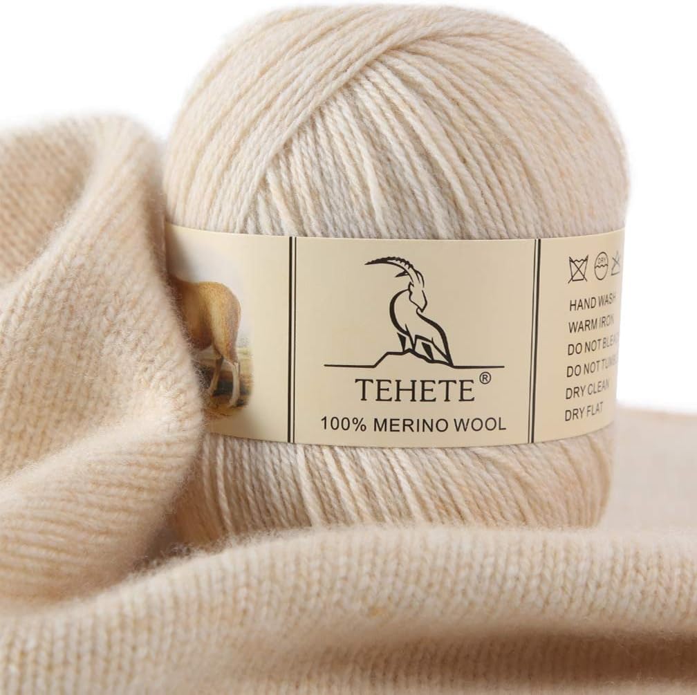 TEHETE 100% Merino Wool for Knitting, Crochet and Knitting Yarn, 50 g 3 Ply 10 Colours, Warm Soft for Blanket, Sock Jumper Scarf, Beige