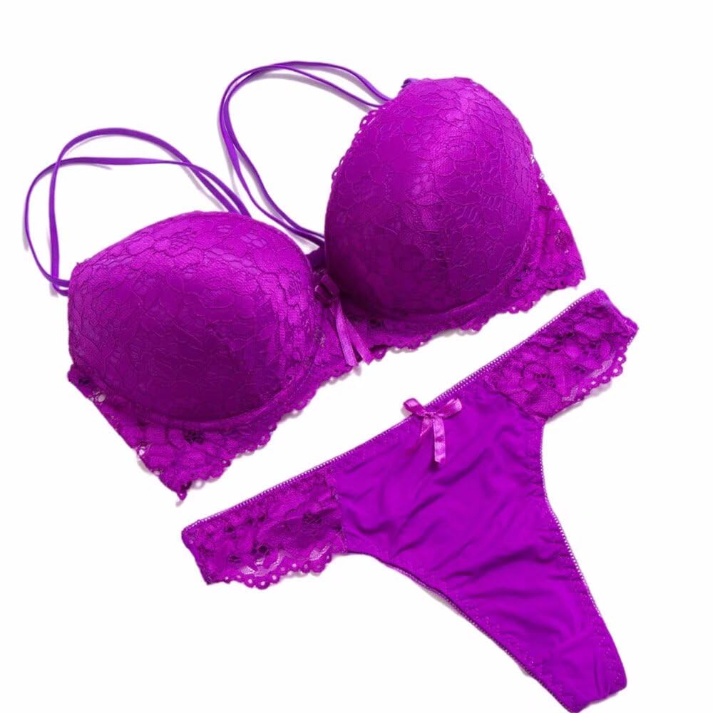 GANGCHENG Ladies Lace Lingerie Plunge Padded Underwire Bra Underwear Panties Set 34D Purple
