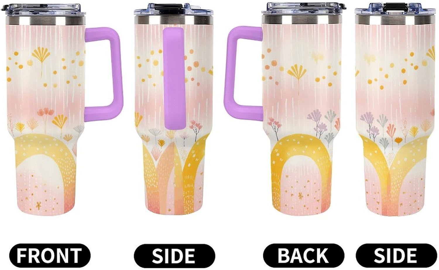 Large Car Cup with Handle&Lid Fashion Several Rainbows Tumbler Sturdy Insulated Water Bottle Stainless Steel Vacuum Travel Mug Portable Coffee Cup for Home Outdoor 40 Oz Violet-style
