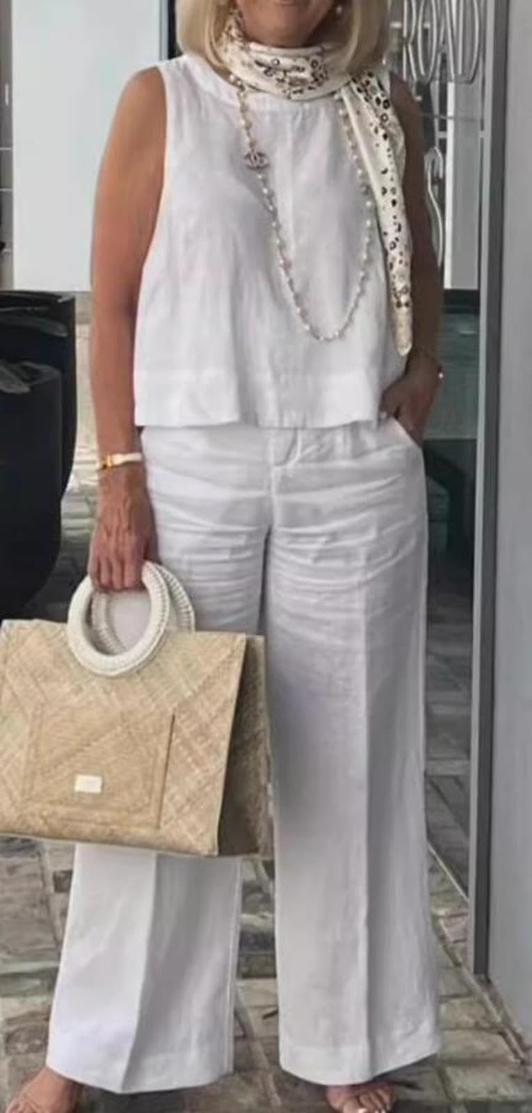 Tops Sin Mangas De Lino De Algodón De Color Sólido Simple De Moda para Mujer y Pantalones De Pierna Ancha para Mujer Trendy Simple Conjunto De 2 Piezas