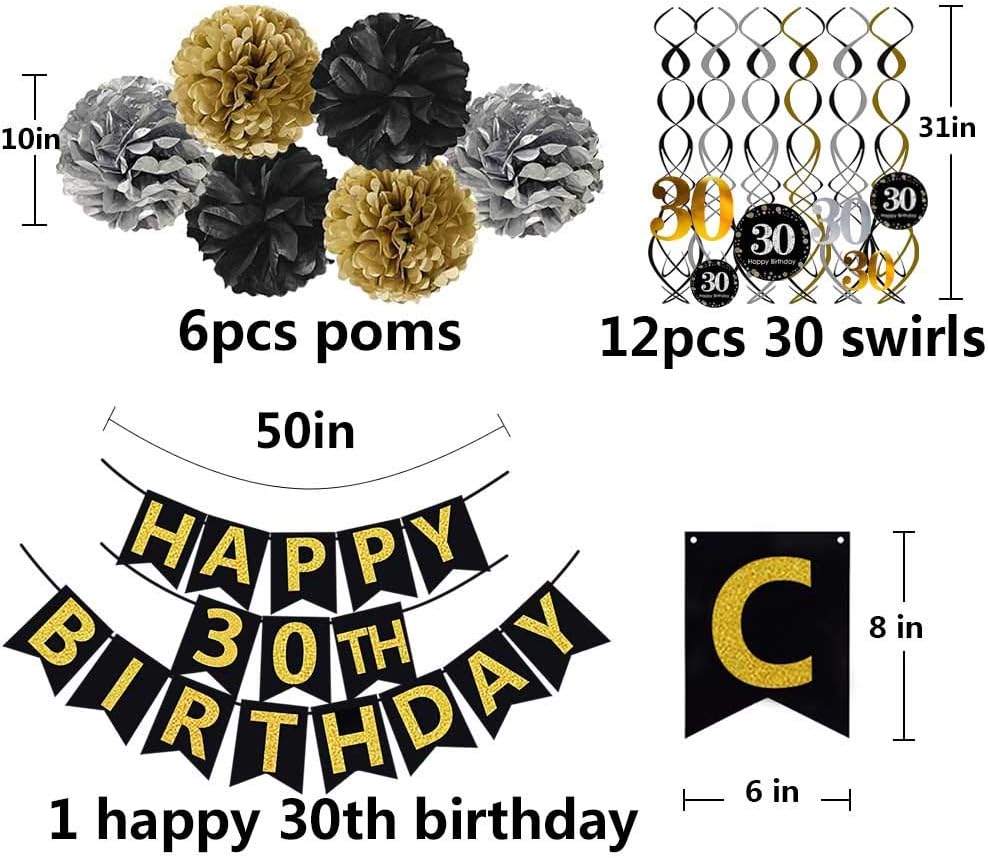 Famoby Black & Gold Glittery Happy 30th Birthday Banner,Poms,Sparkling 30 Hanging Swirls Kit for 30th Birthday Party 30th Anniversary Decorations Supplies - Image 2