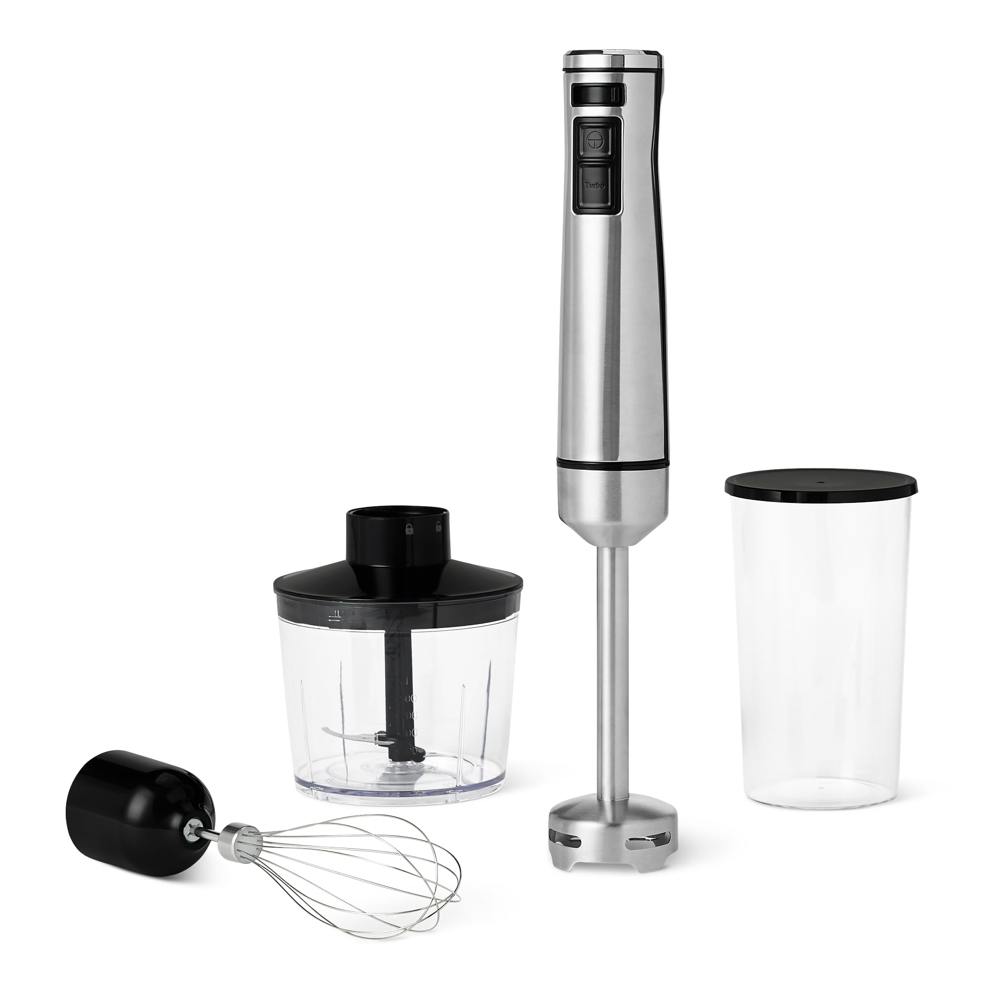 Amazon Basics 1000-W-Stabmixer mit Turbotaste, Mehreren Geschwindigkeiten, Schneebesenaufsatz, 500-ml-Zerkleinerer, 700-ml-Messbecher, Silber
