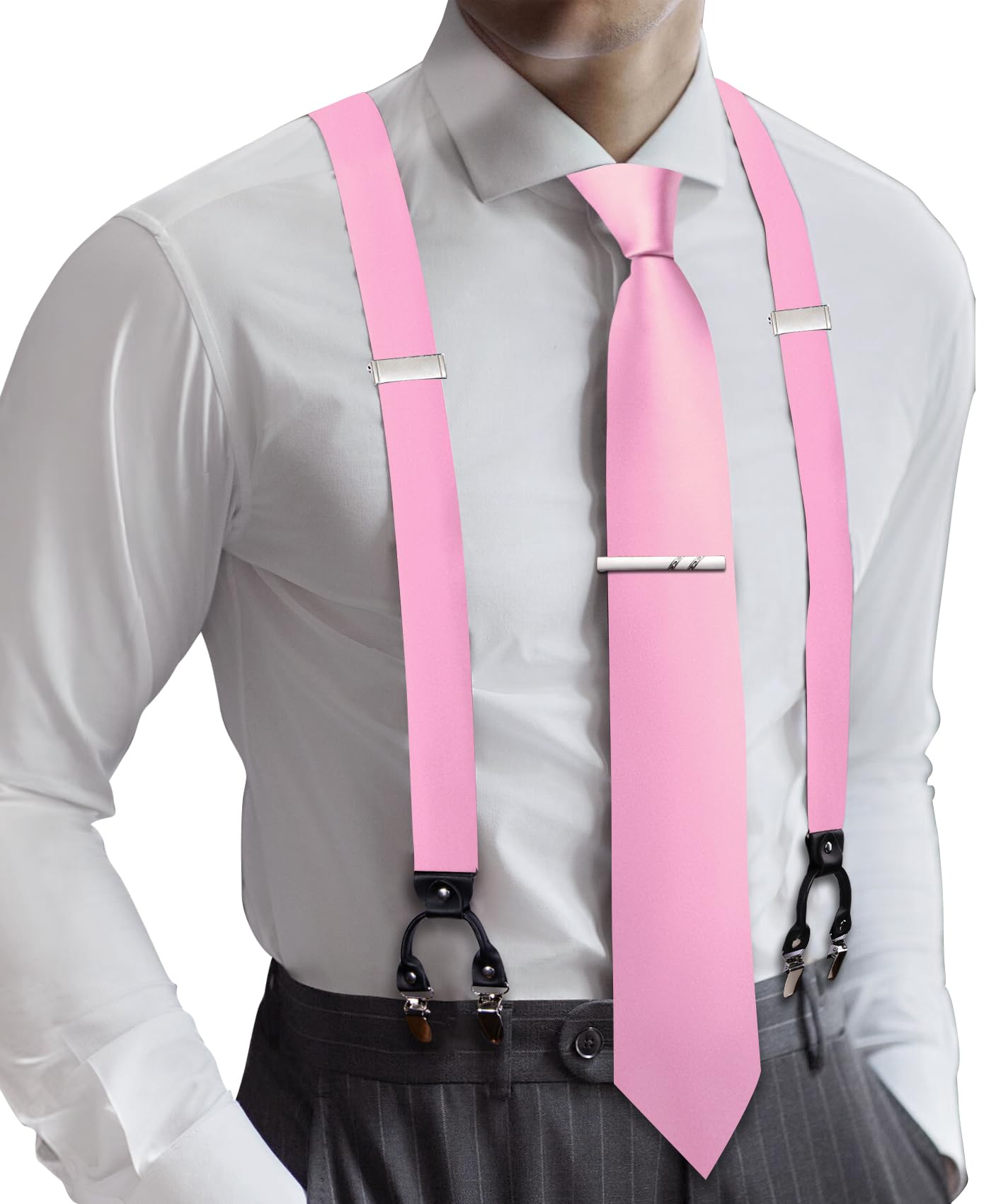 Barry.Wang Men Suspender Tie Sets Elastic Heavy 6 Clips Hanky Cufflink 5PCS | Classic Suspender Set for Man Necktie Y Type Adjustable Heavy Duty 6 Clips Braces Pocket Square Cufflinks Party
