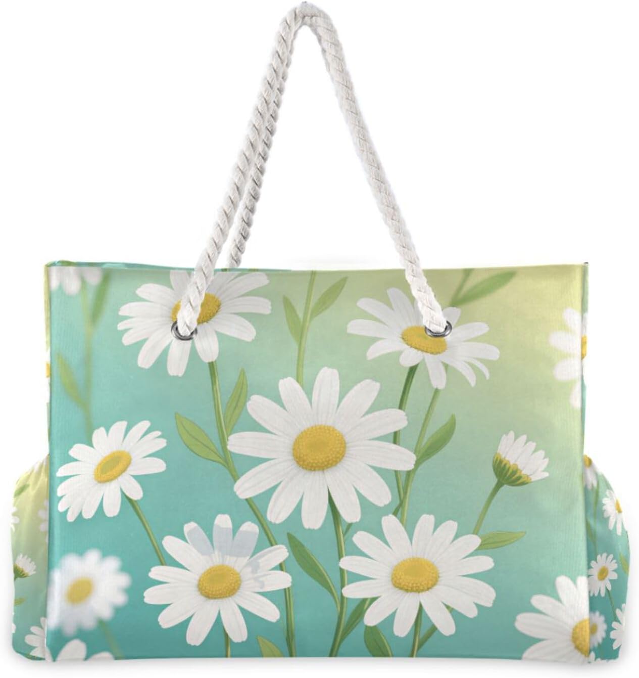 OTVEE White Daisy Flowers with Leaves Beach Bags for Women Ladies Large Canvas Tote Shoulder Bag Waterproof Travel Bags for Gym Swim Pool Camping