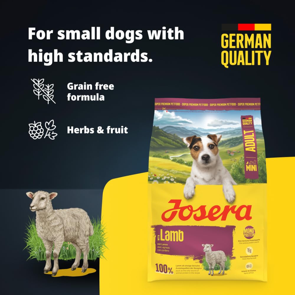 JOSERA Mini jagnięcina dla dorosłych (3 x 3 kg), sucha karma premium dla dorosłych psów małych ras, ze słodkimi ziemniakami, ziołami i owocami, małe krokiety, ekstra tolerowana, bez zbóż, 3 sztuki w