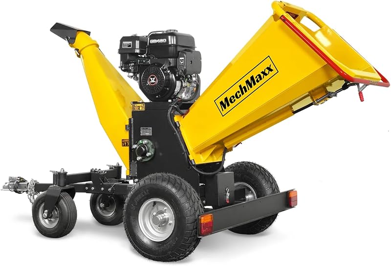 Trituradora trituradora de madera ZONSEN de 4 ruedas con arranque eléctrico de 6 pulgadas, 420 cc, 15 hp, con barra de remolque/luz trasera/botón de parada de emergencia/barra de parada, modelo B150 amarillo