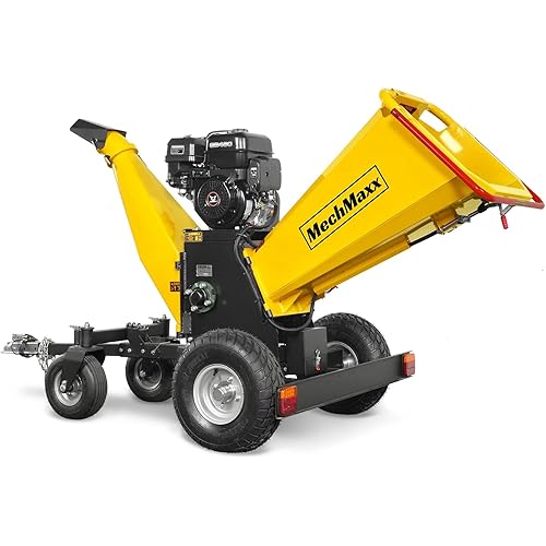 MechMaxx 6 inch ZONSEN 459cc 15hp E-Start Gas Powered 4-Wheels Wood Chipper Shredder Mulcher with Towbar/Tail Light/Emergency Stop Button/Stop Bar, Model B150 Yellow
