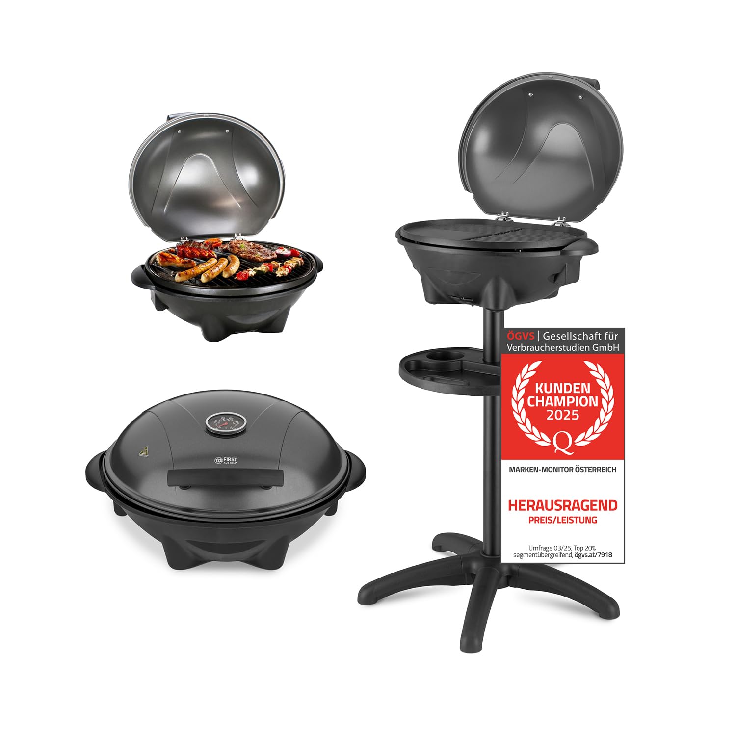 TZS First Austria - Elektrogrill 2 in 1 Tischgrill & Standgrill 2400W - Elektrischer Grill mit Standfuß für Balkon & Terrasse mit Deckel & Ablage - Elektro-Kugelgrill mit Thermometer & Tropfschale