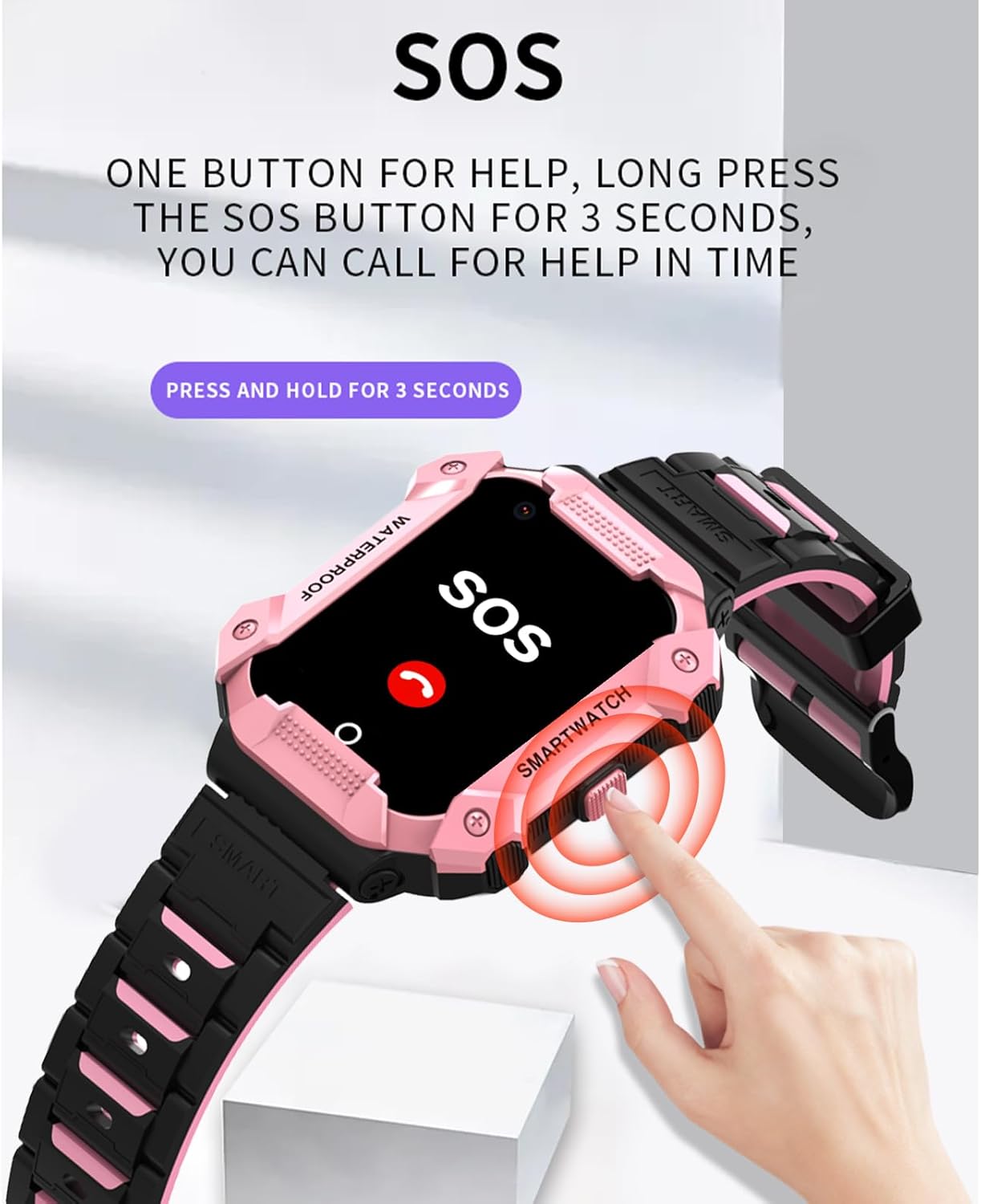 A hand pressing the SOS button on the side of a PTHTECHUS Kids Smart Watch, which displays 'SOS' on its screen, indicating the emergency call function.