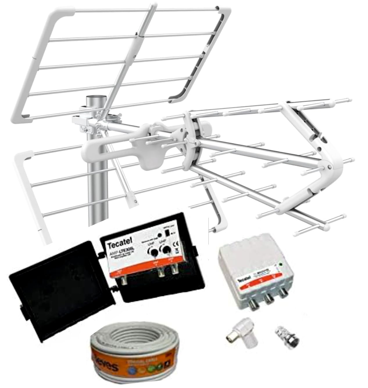 Kit Amplificado Antena TV Compact 5G Ant 501 + Rollo 20M + Amplificador 30dB + Fuente alimentación + Conectores F Y TV.