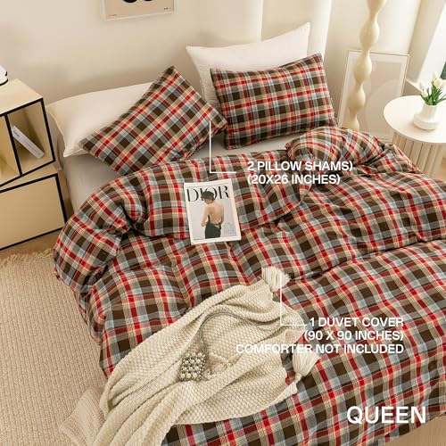 Image of ECOCOTT Buffalo Plaid Duvet Cover Queen Size- 3 Piece Washed Cotton Bedding Set with Classic Checkered Pattern, Red & Brown Duvet Cover with Pillowcases for All Seasons