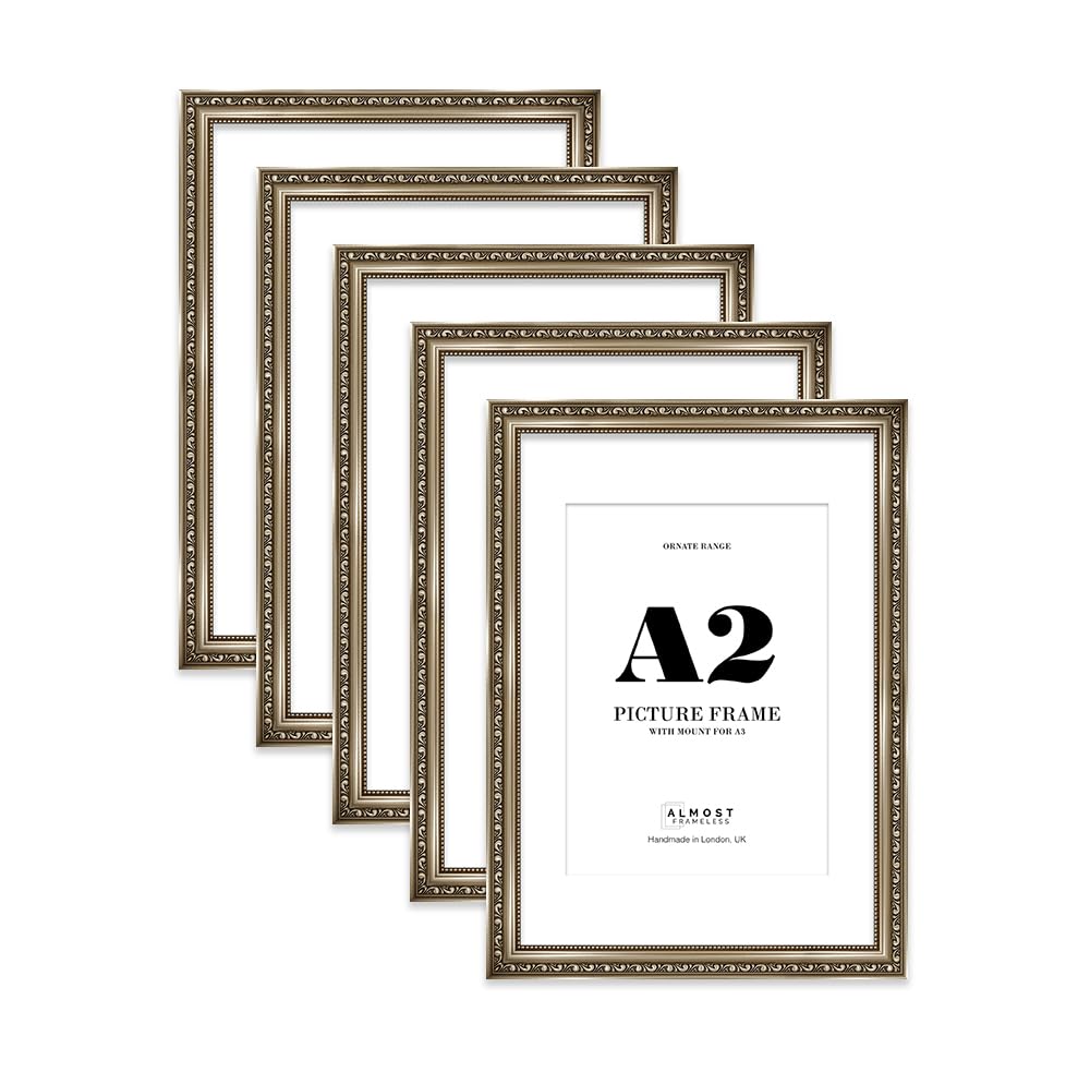 Gunmetal Ornate Picture Frame A2 With A3 Mount for Photos - Wall Display, Landscape or Portrait, 5 Pack