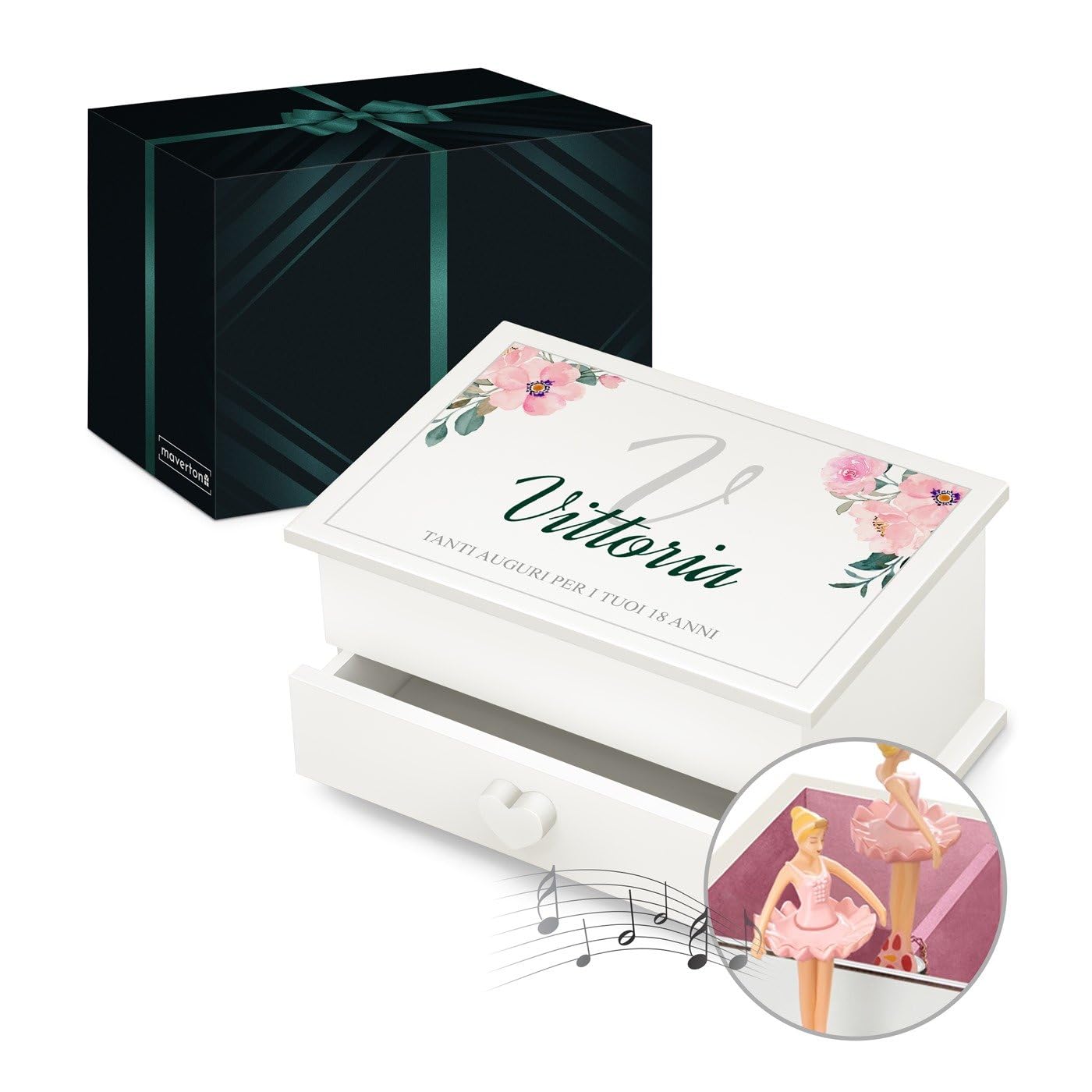 Maverton Scatola musicale portagioie con ballerina - Stampa personalizzata - Carillon portagioie con cassetto - Jewelkeeper carillon portagioielli per donna - Cofanetto per compleanno - Elegante