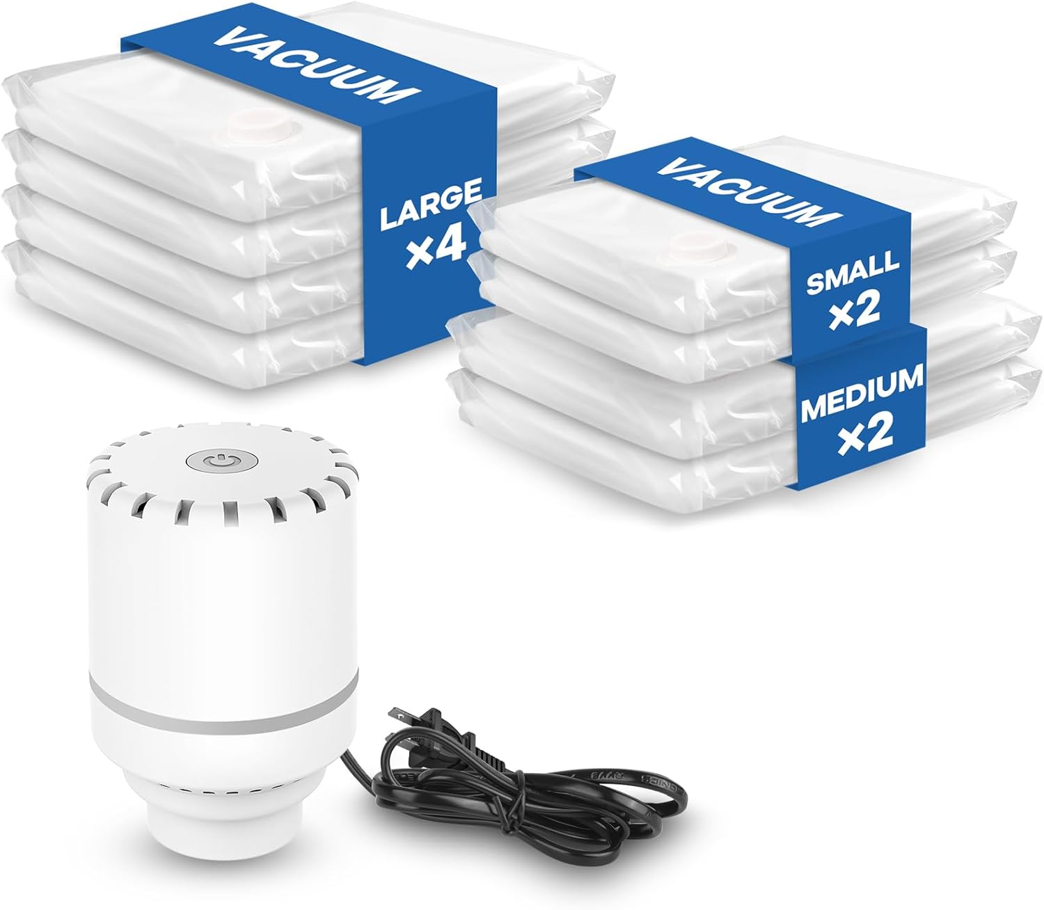 Vacbird Sac Rangement Sous Vide Aspirateur, Ensemble De 8 (4 Grands, 2 Moyens, 2 Petits), Sac de Rangement Sous Vide Pour VêTements, Couvertures, Oreillers, Voyage, Draps, Jouets en Peluche