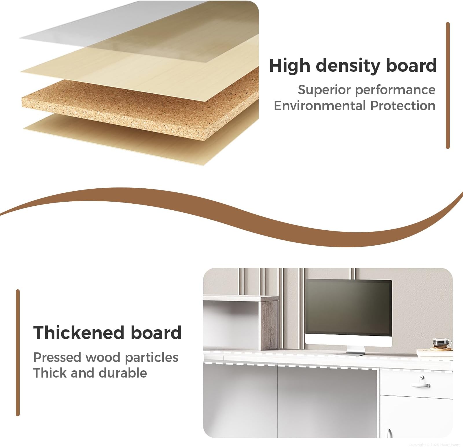 Huariifowm Modern L-Shaped Reception Desk with Hutch, Reception Counter Table, Lockable Drawer Door Cabinet, Office Wooden Computer Front Desk (Oak+Warm White-Left Cabinet, 71" L*24" W*41" H)