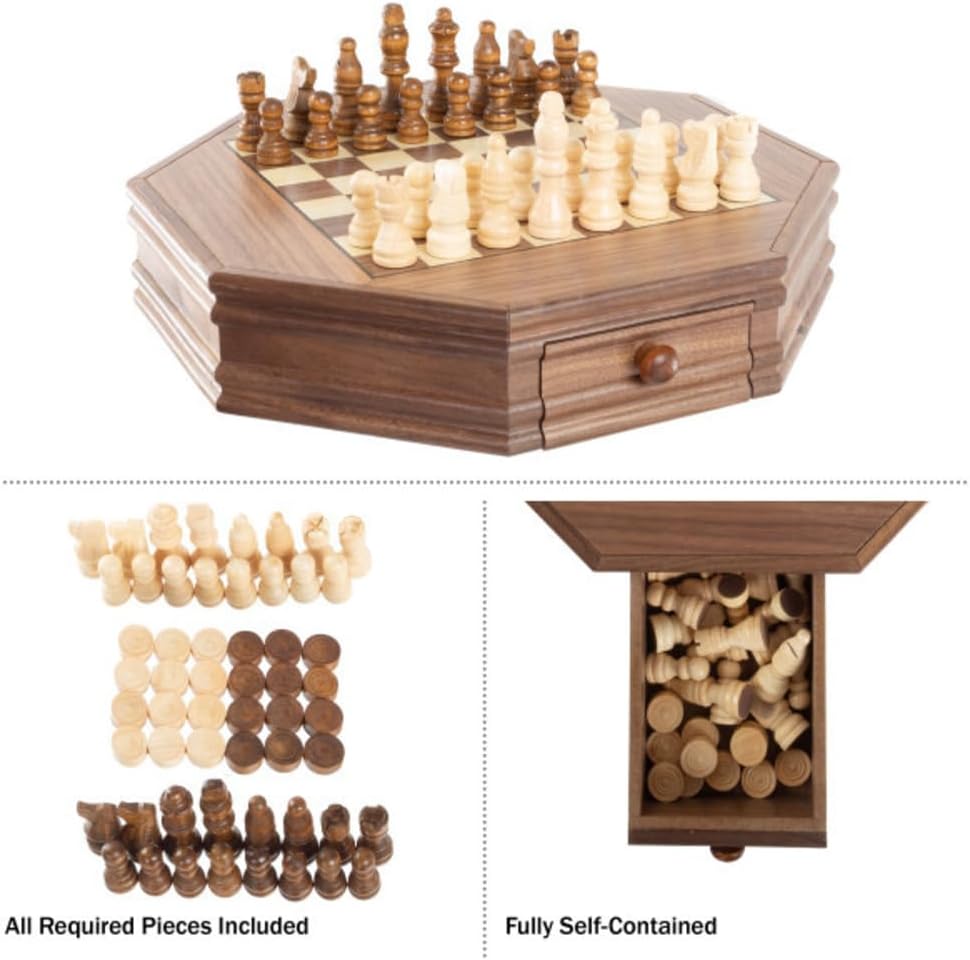 Octagonal Chess Set - Wooden Chessboard with 2 Storage Drawers and Carved Staunton Pieces - Classic Board Game for Kids 14 Years and Over by Trademark Games