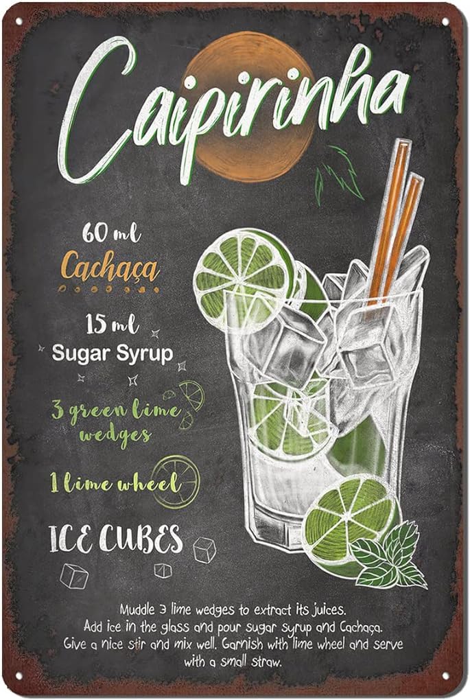 Ahee Cocktail Tin Sign, Vintage Cocktail Recipes Metal Sign, Bar Signs For Home Bar Wall Decor 12 X 8 Inch - Caipirinha