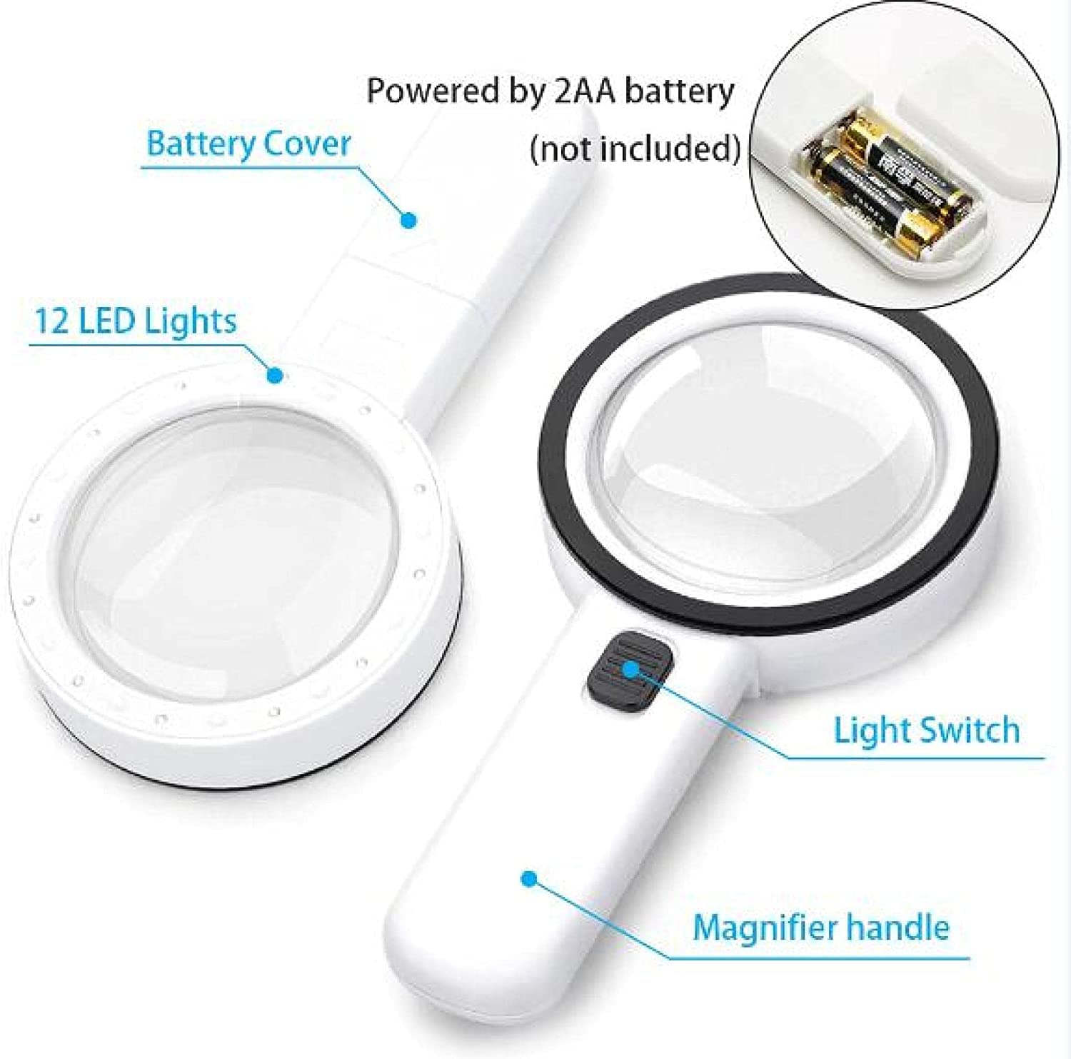 Bardzo duża ręczna lupa LED z 12 światłami - 112 mm z soczewką 5X - podświetlana lupa do czytania dla seniorów Czytanie, słabe widzenie, zwyrodnienie plamki żółtej, hobby i rękodzieło Uniwersalne