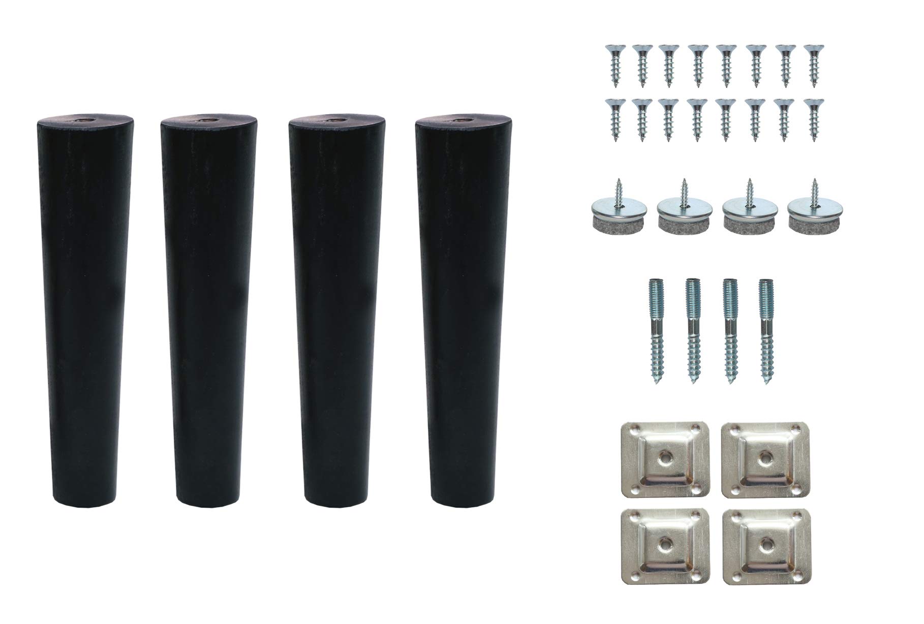 6.7โโ Wooden Round Cone Tapered Furniture Replacement Legs Black M8 Thread Level Mounting Plates Protective Felt Pads Set of 4 Legs for Sofa Cabinet Footstool Chair Bed Ottoman 17 CM